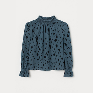 Blue and Black Ruffled Blouse with Mandarin Collar